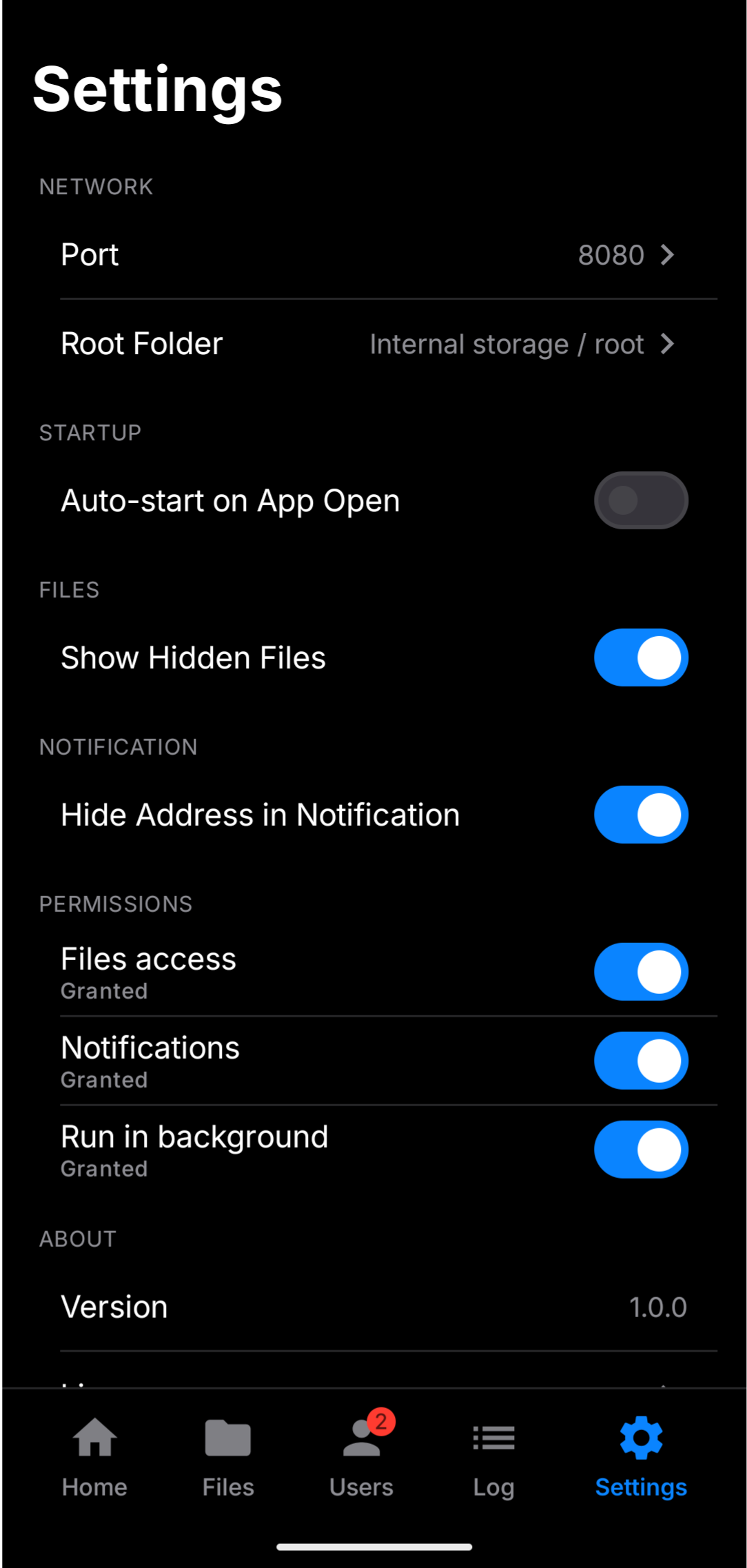Settings screenshot