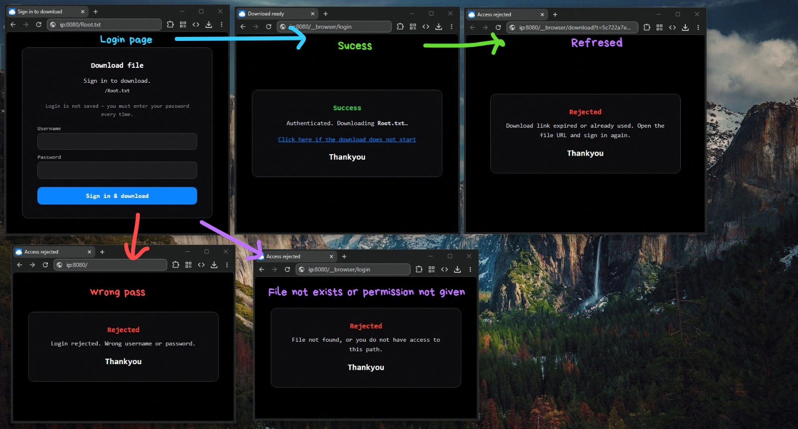 Browser download management: login, success, refresh, wrong password, and no access